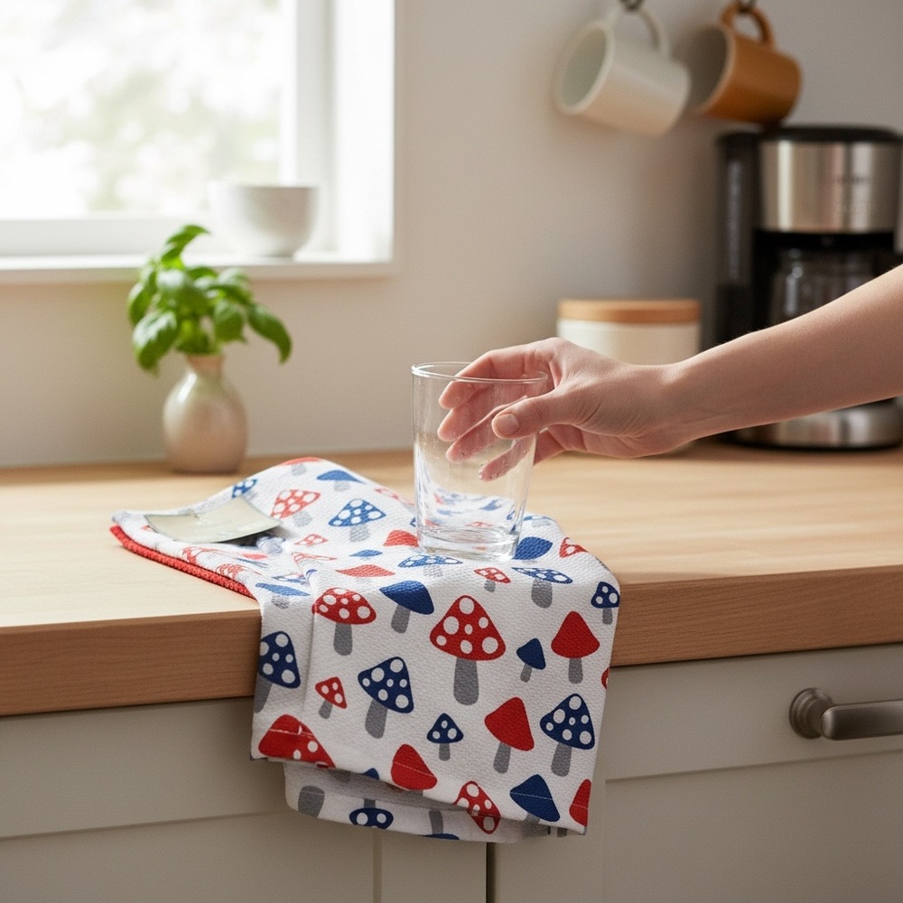 Deborah Connolly red white and blue Mushroom Patterned Kitchen Towel Set pk of 3 - Picture 5 of 5